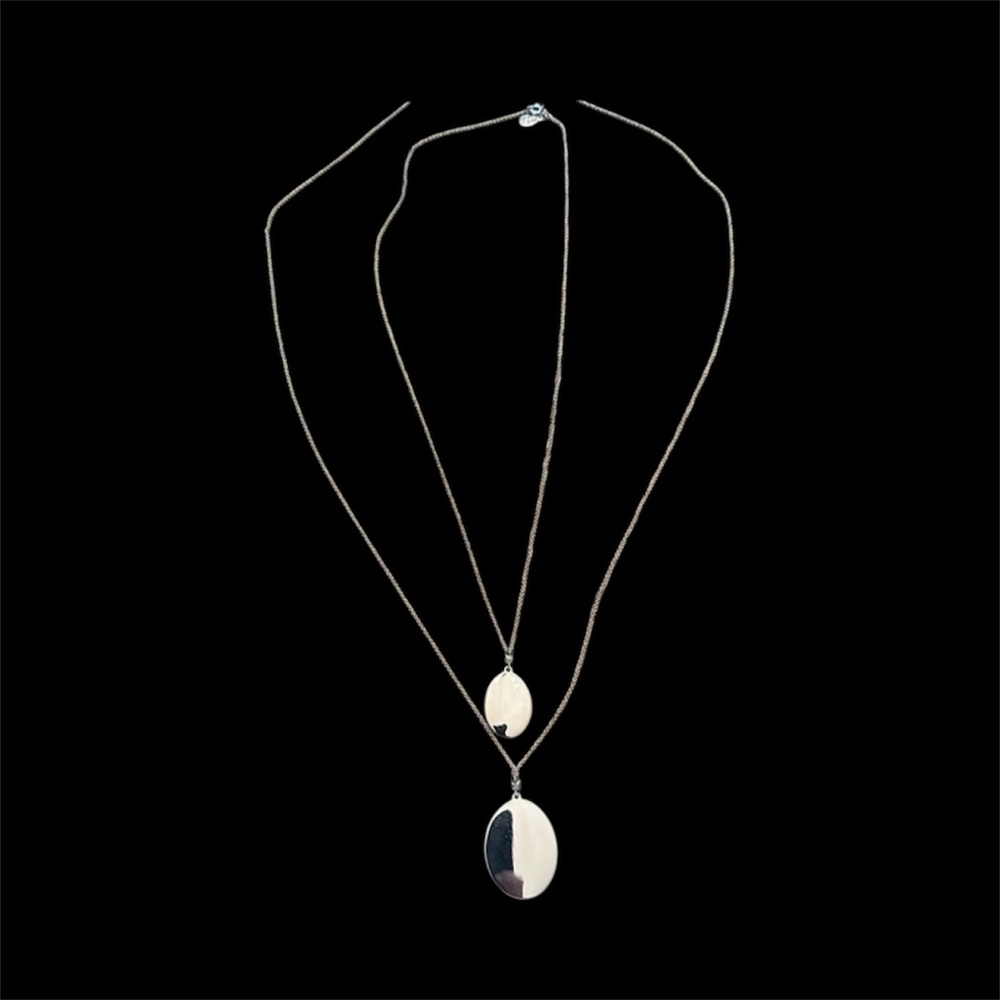 Silver Double Layer Oval Pendant Necklace 2-in-1 Statement Jewelry